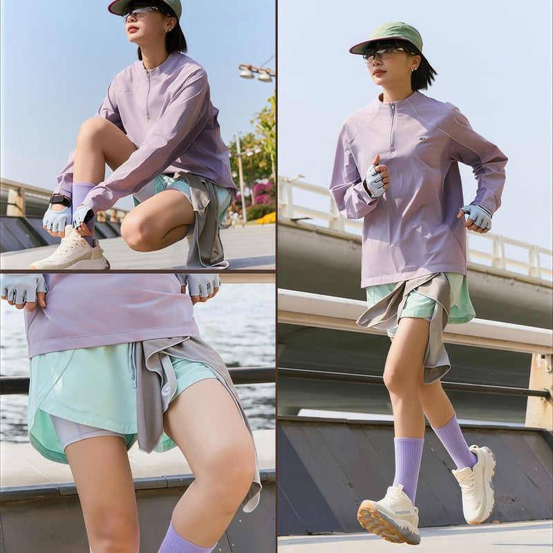 Women's lightweight running shorts with liner - mint quick-dry shorts with purple top, for warm-weather training