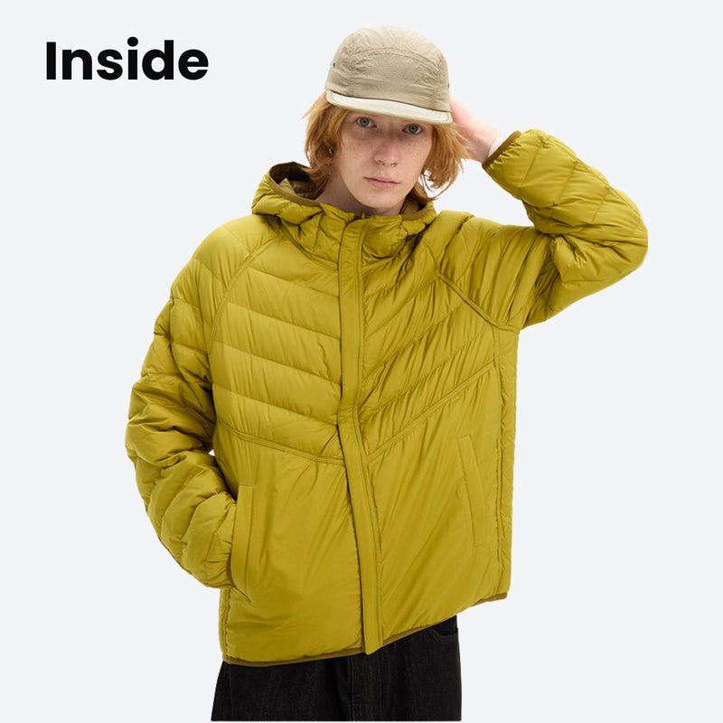 Two-way wearable down jacket with chevron quilting - olive yellow 90 goose down reversible jacket on men with bucket hat