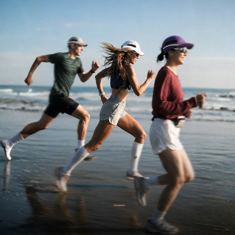 38g trail running cap with sweat absorption - featherlight running caps on three runners at beach, for travel and city walks