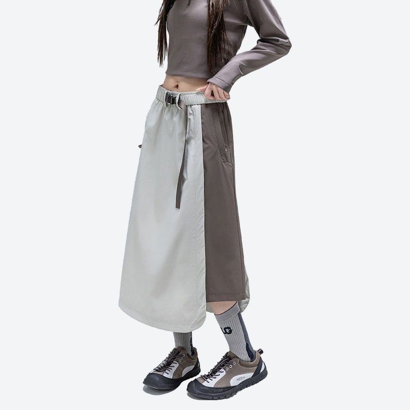 Versatile color-block water-repellent skirt - light gray brown color-block long skirt on women, for daily commute and office