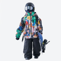 
                  
                    Kids breathable 2-layer graffiti print ski set - multicolor print kids jacket with black pants
                  
                