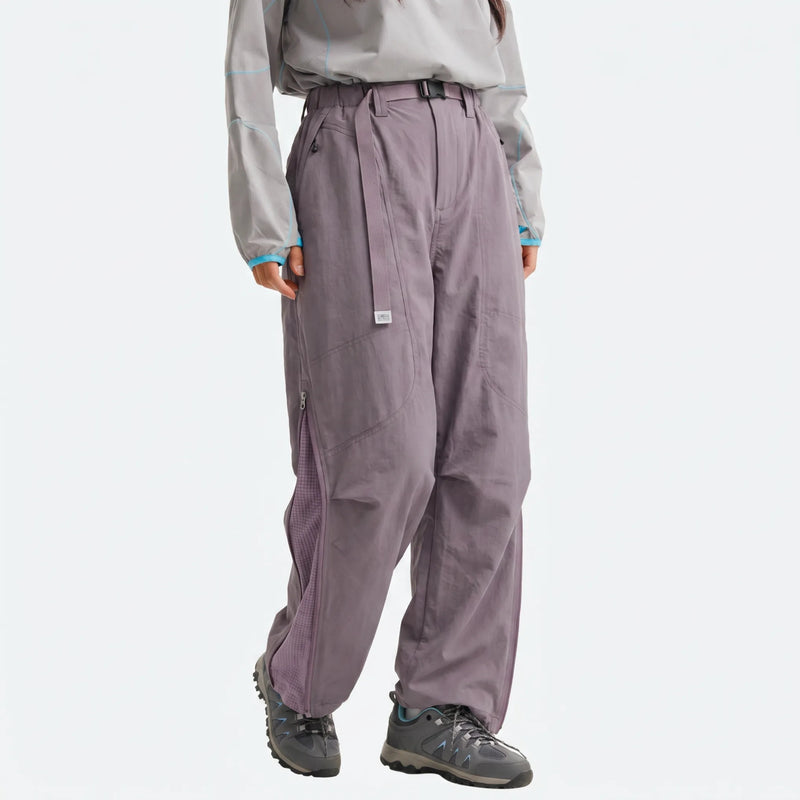 Lightweight cargo hiking pants with mesh lining - mauve purple cargo hiking pants with gray top, for hiking and trail walking