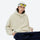 Soft relaxed mid-layer pullover for outdoor - cream hooded mid-layer pullover with beanie and sunglasses, sitting pose view
