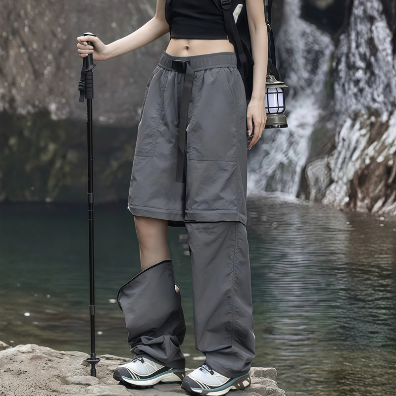 Women's breathable convertible pants with zip legs - dark gray zip-off hiking pants with black top, for warm-weather trekking