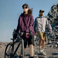
                  
                    UPF50 coolmax crinkled sun protection jacket - purple and cream coolmax sun jacket on couple, for travel and city walks
                  
                