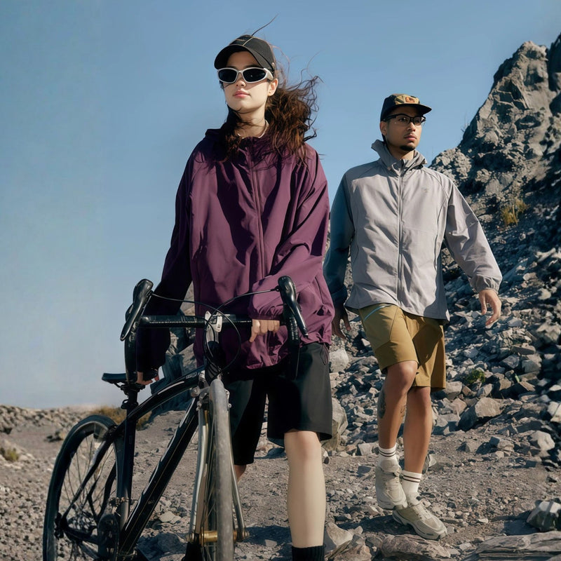 UPF50 coolmax crinkled sun protection jacket - purple and cream coolmax sun jacket on couple, for travel and city walks