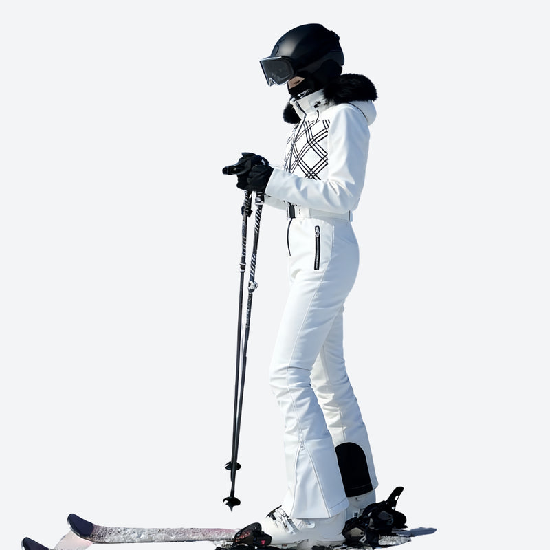 Women's waterproof 3L one-piece snow suit - white check one-piece snow suit, for resort and backcountry days