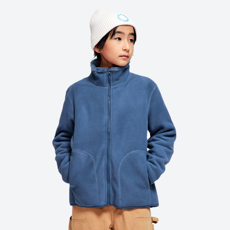 Kids' soft warm fleece jacket with hand pockets - blue kids fleece jacket with stand collar and beanie