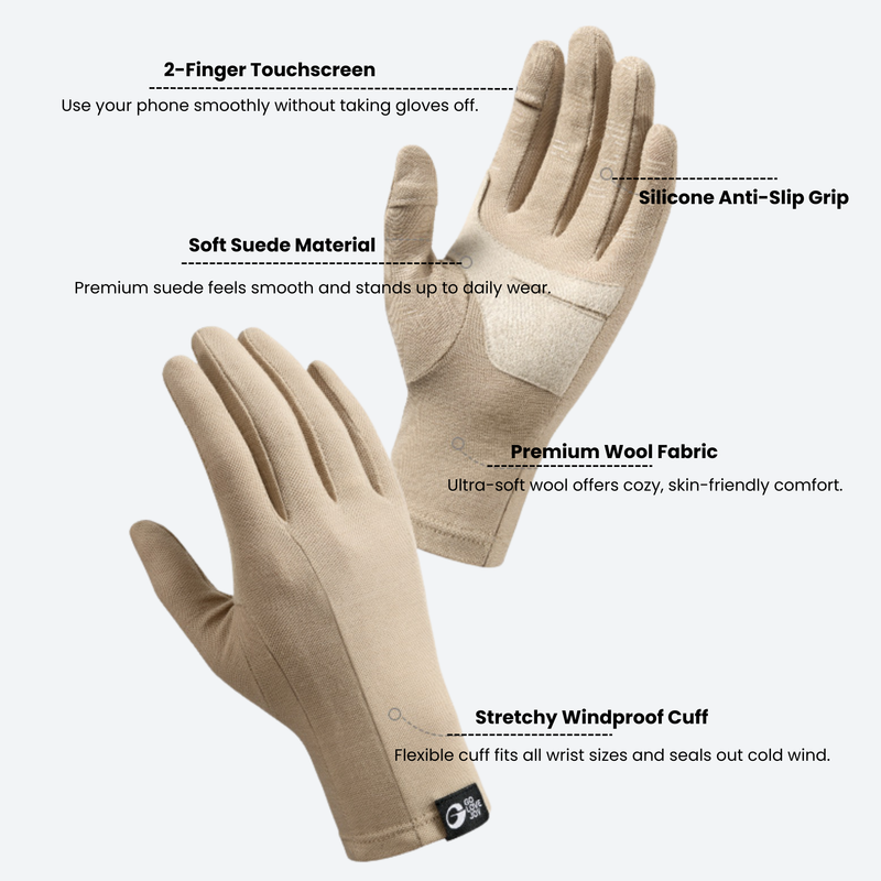 Warm merino wool winter gloves with touchscreen fingertips - merino wool thermal gloves, for skiing and snowboarding