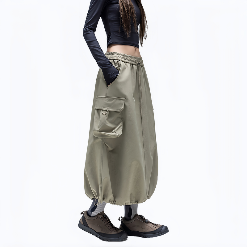 Cargo pocket outdoor long skirt for women - khaki green cargo long skirt on women, for camping and outdoor weekends