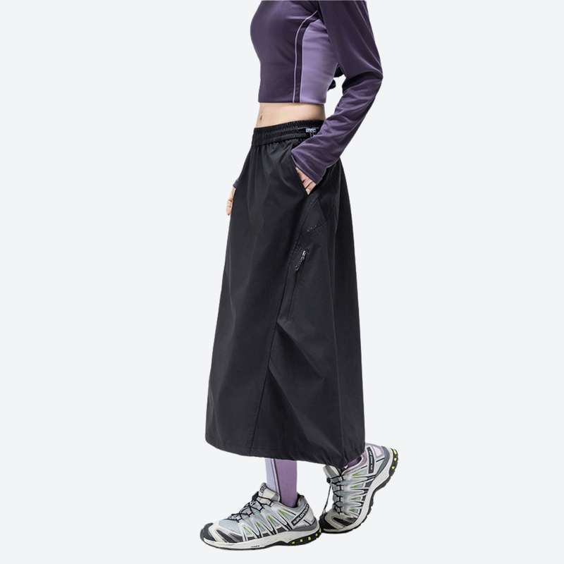 Water-repellent A-line long skirt PFOS PFOA free - black water-repellent long skirt on women, for hiking and trail walking