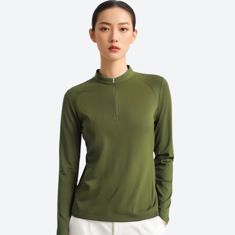 Women's soft merino wool baselayer with zip collar - olive merino wool half-zip top on women, for travel and daily commute