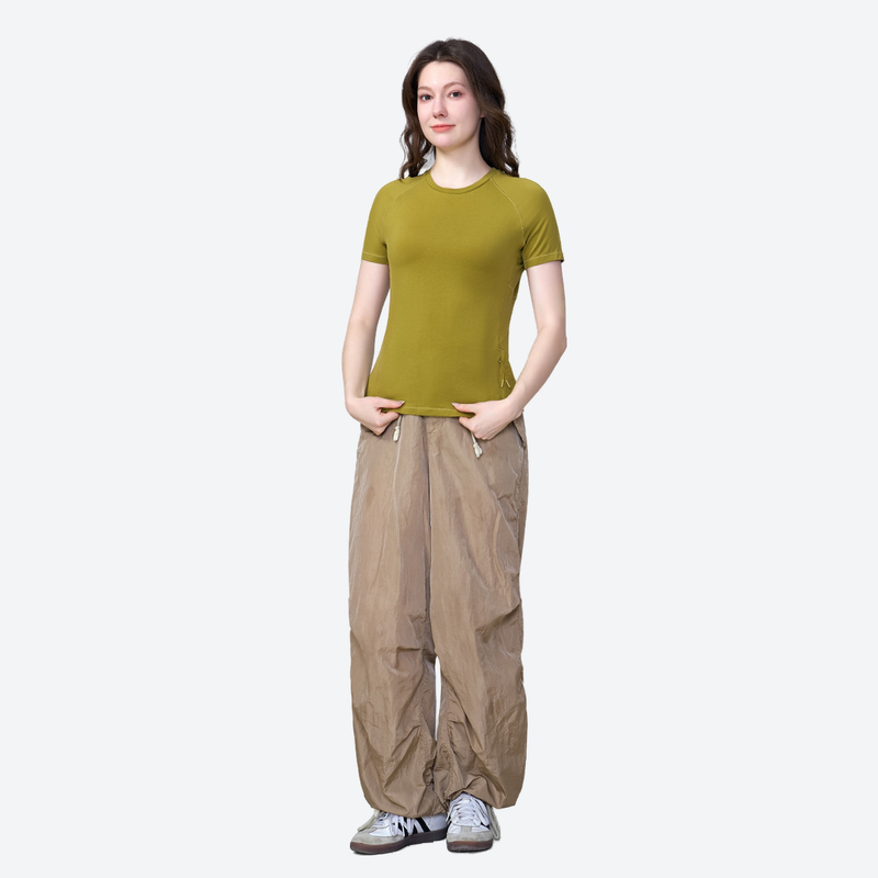 Women's breathable merino wool tee for outdoor - olive green merino wool quick-dry tee, for layering in cool weather