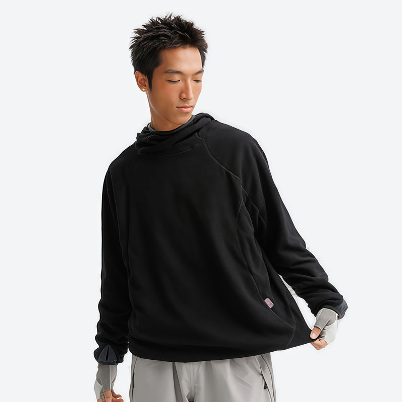 Breathable quick-dry pullover with funnel hood - black hooded mid-layer pullover on men, for travel and city walks