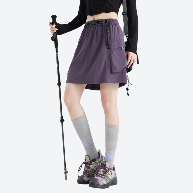 Women's cargo skort with elastic waistband - purple cargo skort with built-in shorts, for warm-weather trekking