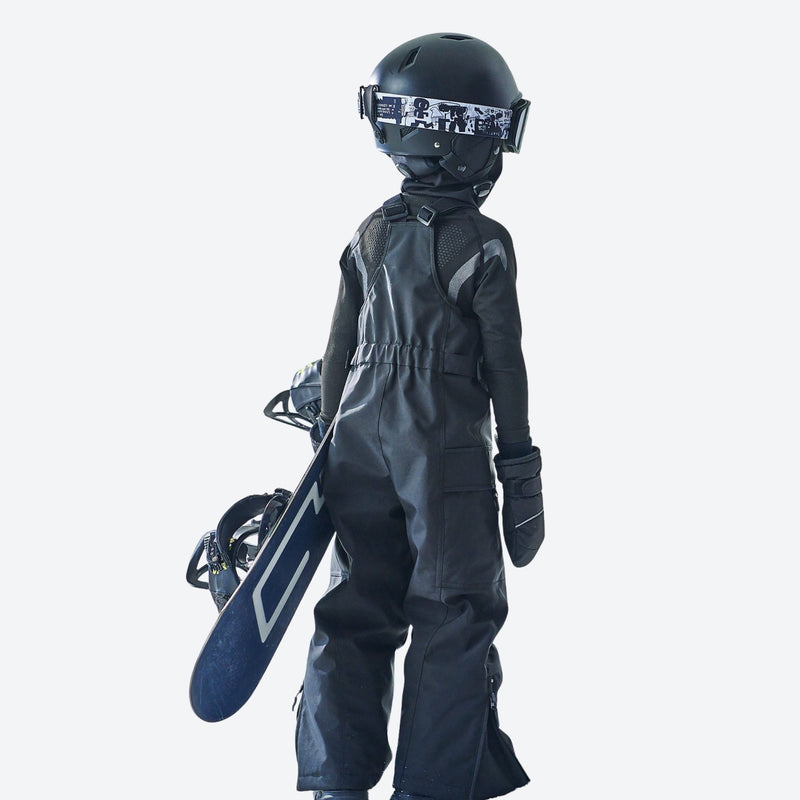 Kids print snowboard jacket with snow pants - black kids jacket with black pants, for kids skiing and snowboarding