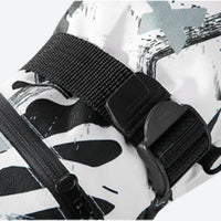 
                  
                    Snow gloves with card pocket and pair clip - white print snow glove strap, buckle strap close-up, for resort ski days
                  
                