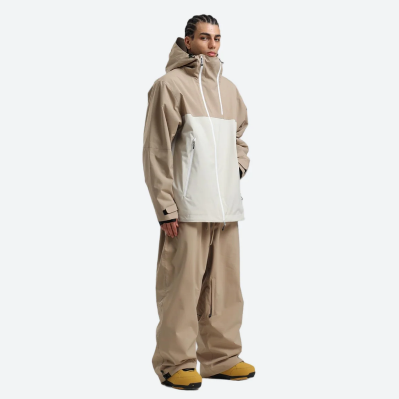 Men's waterproof 2L pullover snow jacket and pants - tan and white colorblock, 2-layer waterproof breathable shell