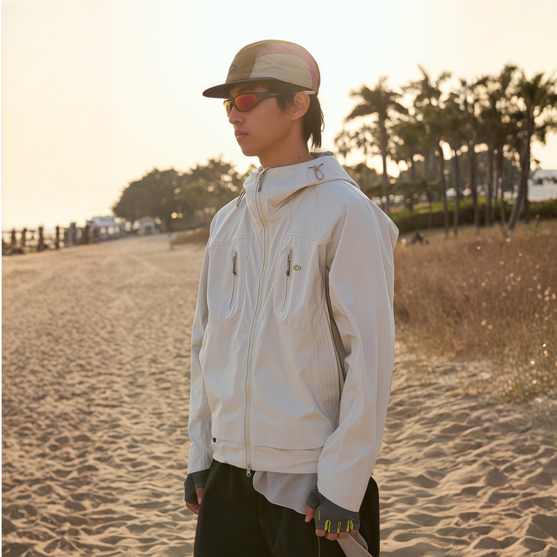 Unisex waterproof softshell jacket with antimicrobial lining - light gray softshell jacket, for cold-weather outdoor wear