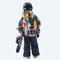 
                  
                    Kids print snowboard jacket with snow pants - multicolor print kids jacket with black pants, for cold-weather winter sports
                  
                