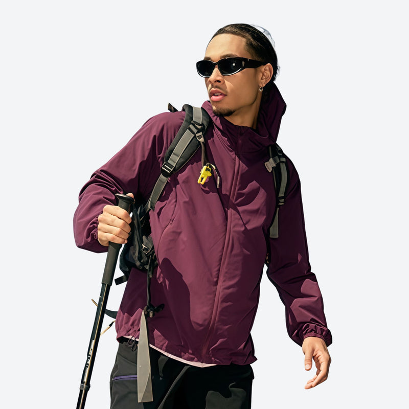 Coolmax sun jacket UPF50 with hood - purple coolmax sun jacket on men with sunglasses, for hiking and trail walking