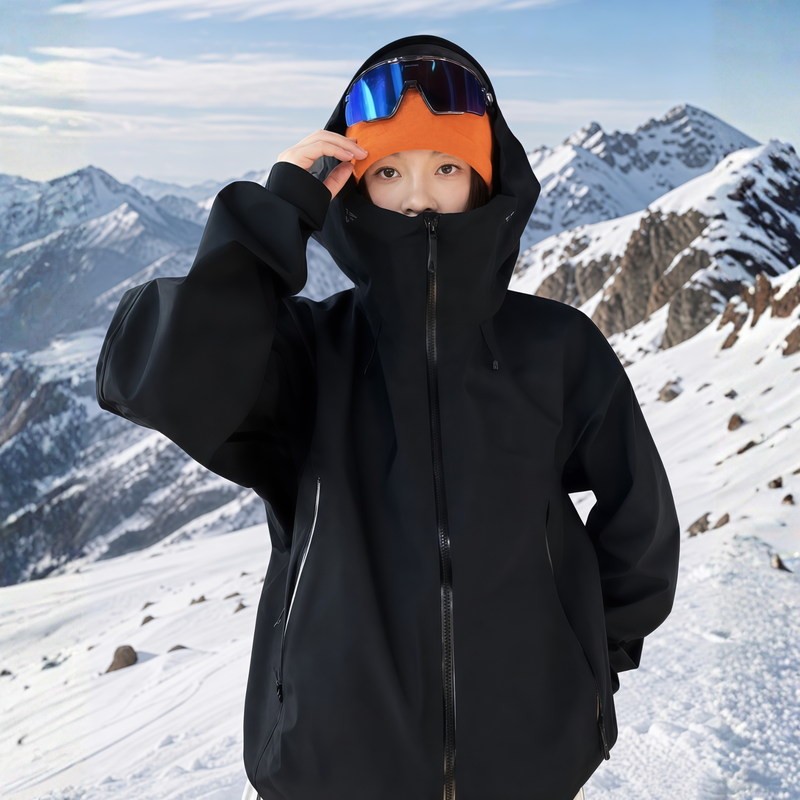 Women's breathable lightweight 3-layer shell with hood - black hardshell jacket, for skiing and snowboarding