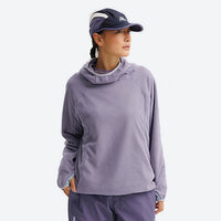 
                  
                    Wrinkle-resistant hooded mid-layer with thumb cuffs - lavender hooded mid-layer pullover on women with cap
                  
                