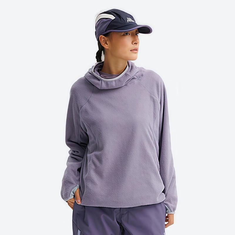 Wrinkle-resistant hooded mid-layer with thumb cuffs - lavender hooded mid-layer pullover on women with cap