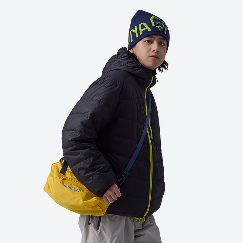Waterproof duck down hooded jacket - black waterproof duck down hooded jacket on men with beanie and crossbody bag