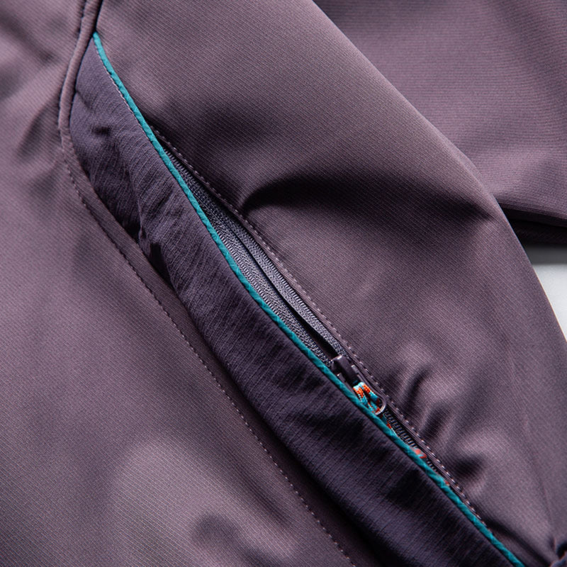 Unisex waterproof softshell jacket and cargo pants - purple, zip vent close-up detail, for skiing and snowboarding
