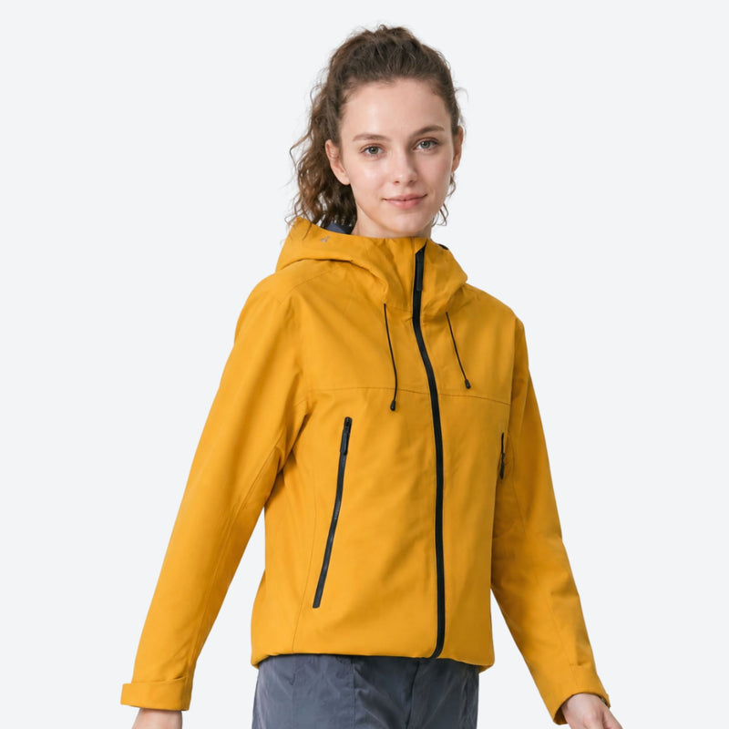 Unisex packable hardshell jacket with carry system - mustard hardshell jacket, for hiking and travel
