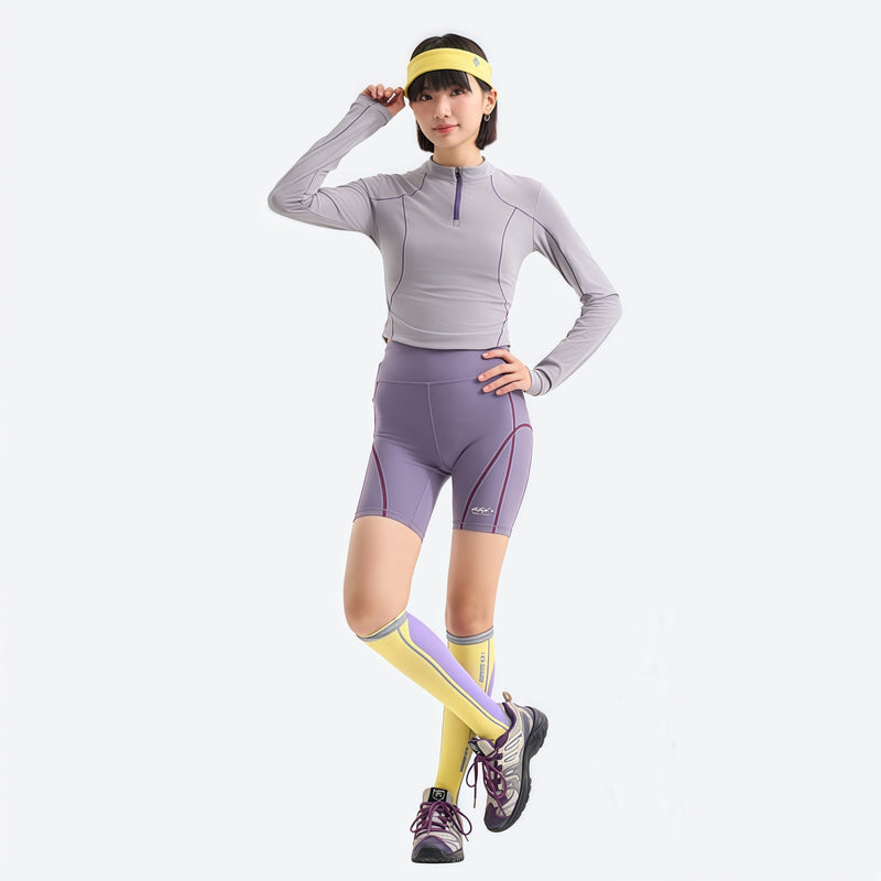 Women's fitted quick-dry breathable tee - light gray half-zip long sleeve tee on women with headband
