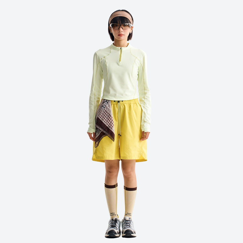 Unisex nylon quick-dry shorts - yellow quick-dry shorts with scarf at waist, for hiking and trail walking