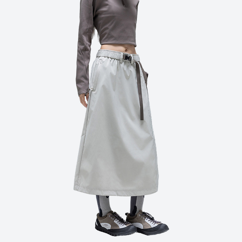 Water-repellent color-block long skirt PFOS PFOA free - light gray brown color-block long skirt on women, side standing view