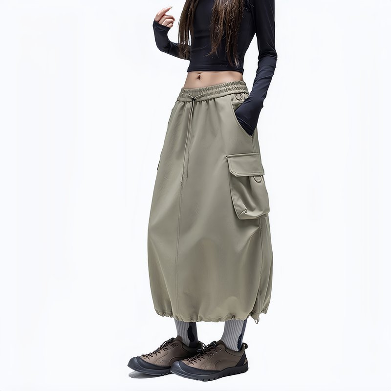 Versatile water-repellent cargo skirt - khaki green cargo long skirt on women, for daily commute and office