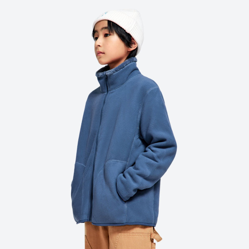 Kids' stand-collar fleece mid-layer jacket - blue kids fleece jacket with stand collar and beanie
