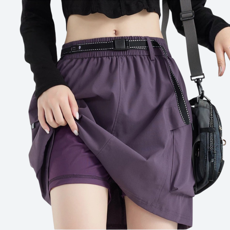 Women's cargo skort with built-in shorts - purple cargo skort with built-in shorts, for hiking and trail walking