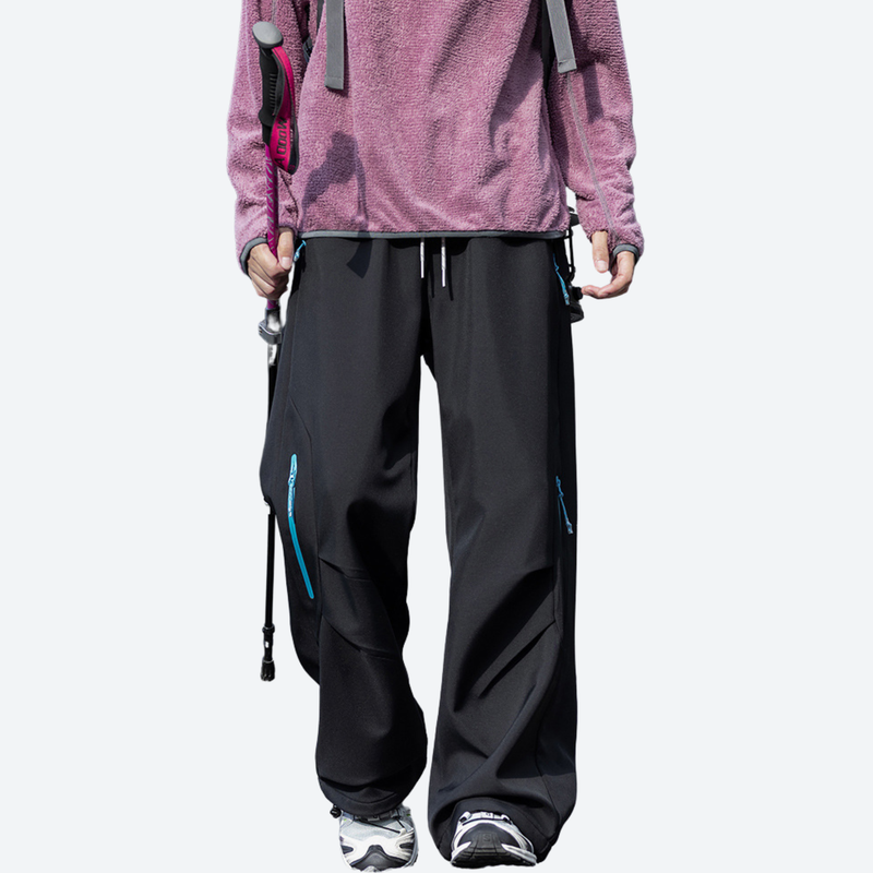 Unisex fleece-lined water-repellent hiking pants - black fleece-lined hiking pants with pink jacket