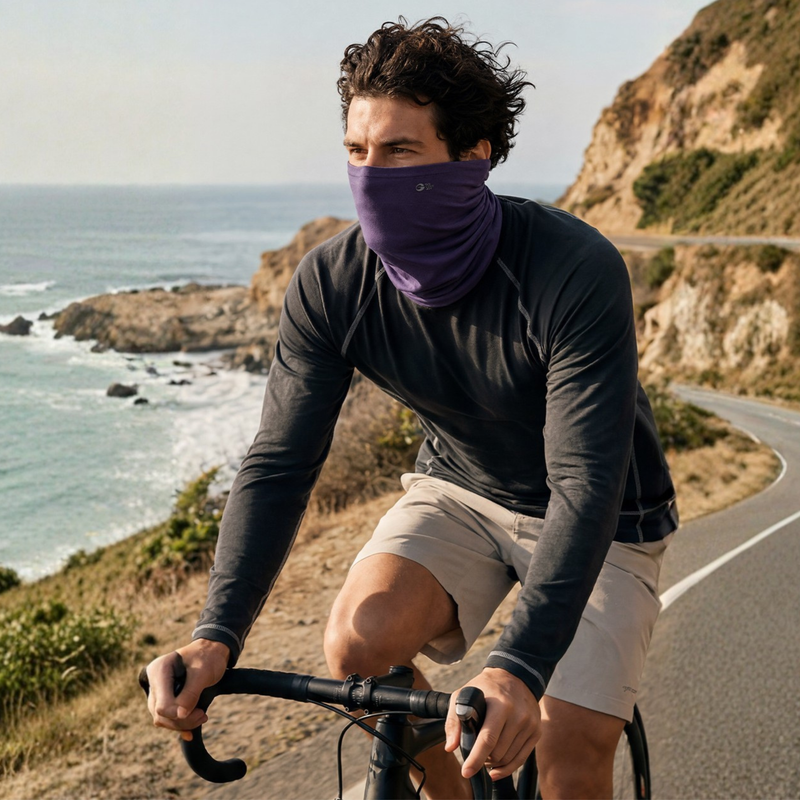 Merino wool multifunctional facemask with 3A antibacterial - purple merino wool neckwarmer on men cycling, worn cycling view