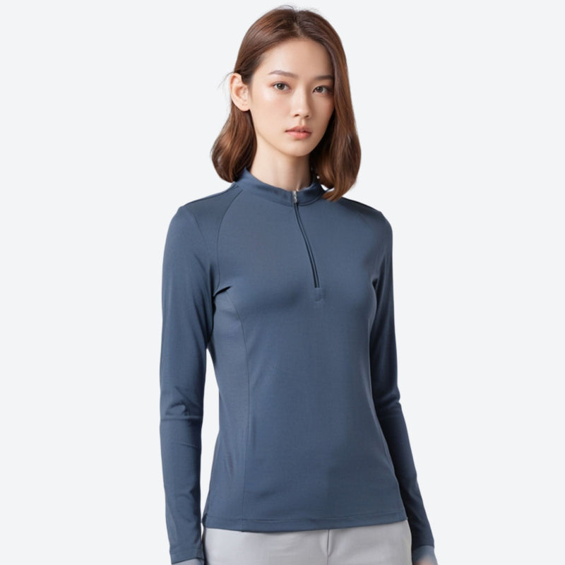 Women's 100% merino wool half-zip base layer top - blue gray merino wool half-zip top on women, for layering in cold weather