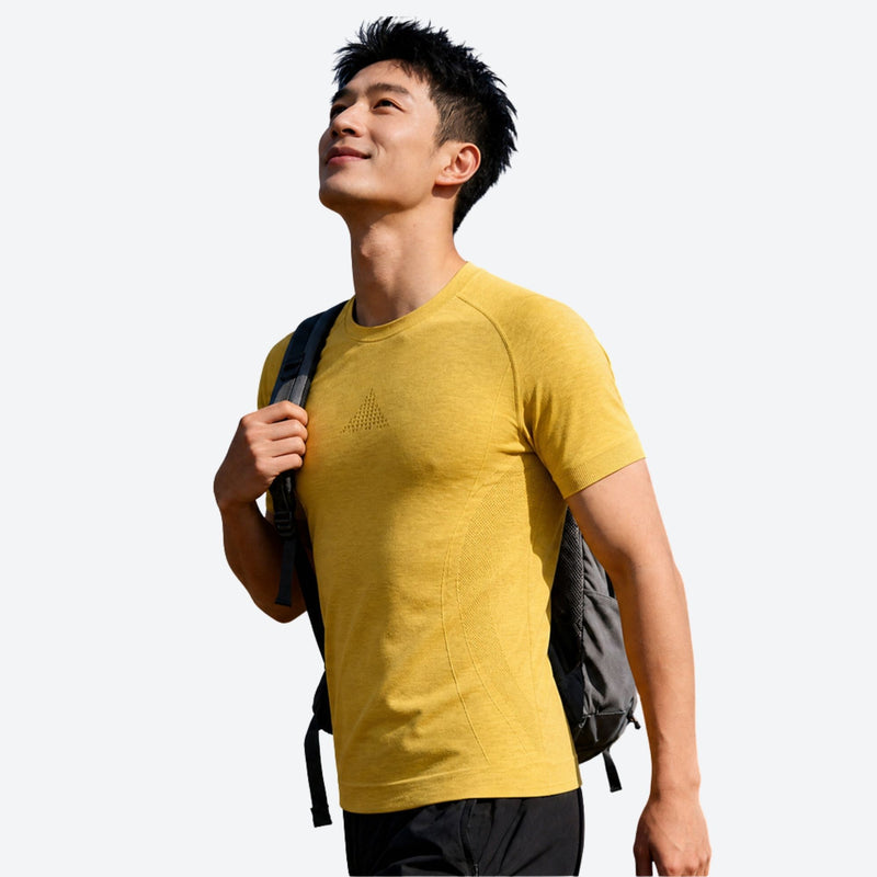 Breathable merino wool base layer top for outdoor - yellow merino wool baselayer tee on men, for layering in cold weather
