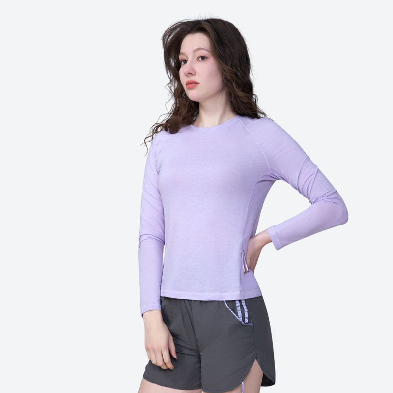 Women's seamless merino wool base layer top - lavender merino wool quick-dry long-sleeve, for running and outdoor workouts