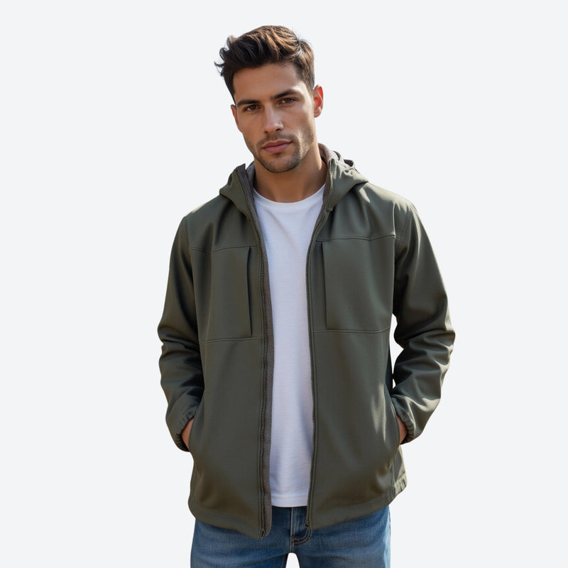 Men's breathable softshell rain jacket with hood - olive softshell jacket, for travel and daily commute