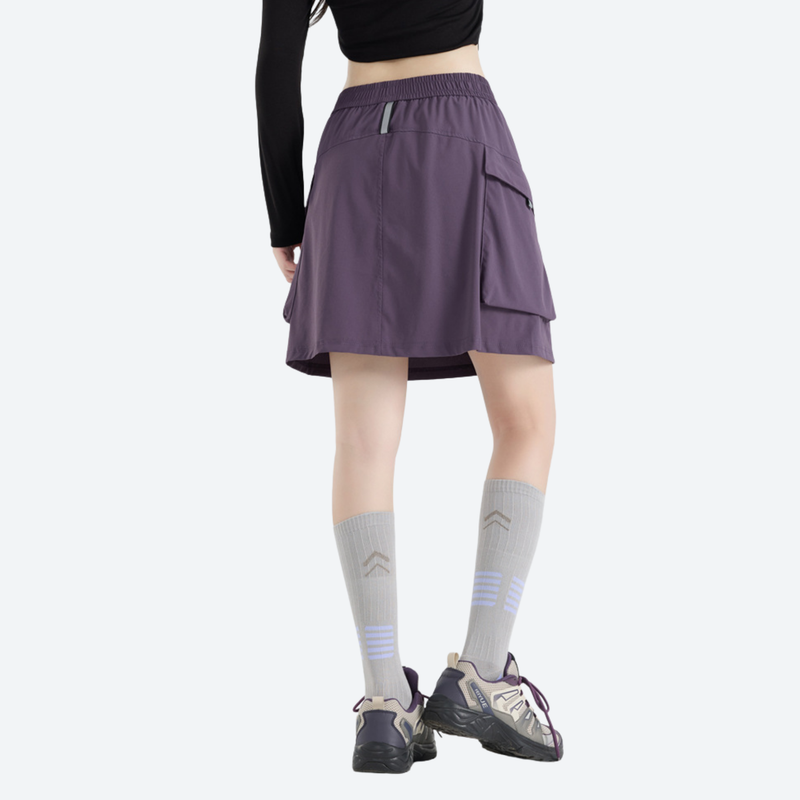 Women's quick-dry hiking skirt with inner shorts - purple cargo skort with built-in shorts, for travel and city walks