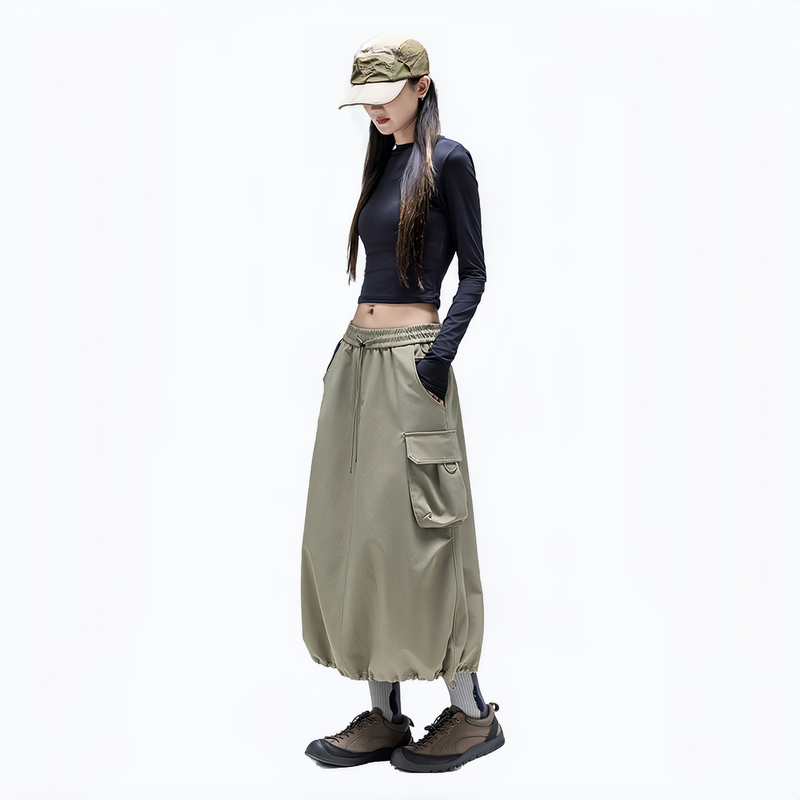Water-repellent cargo long skirt PFOS PFOA free - khaki green cargo long skirt on women, for hiking and trail walking