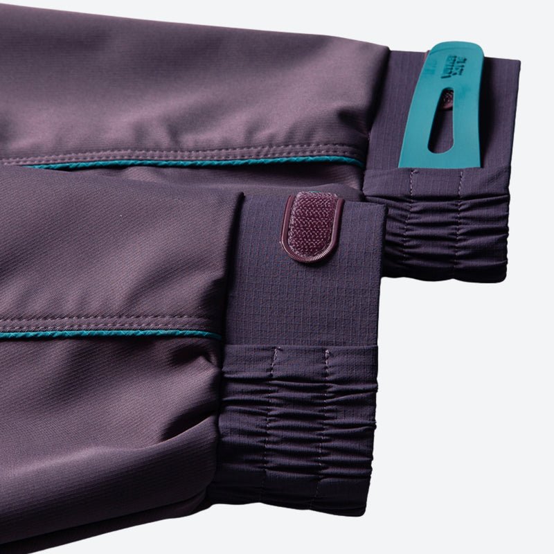 Breathable water-repellent camo softshell set - purple, cuff elastic and strap close-up detail, for resort and street wear