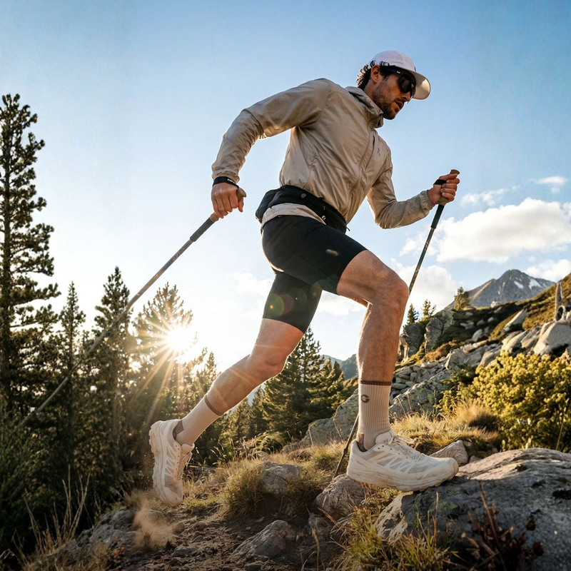 Men's cushioned merino wool trekking socks - merino wool hiking socks on men with trekking pole, hiking uphill view