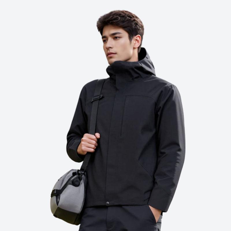 Breathable Toray waterproof softshell ski jacket - black softshell jacket, F3 with shoulder bag, for hiking and travel