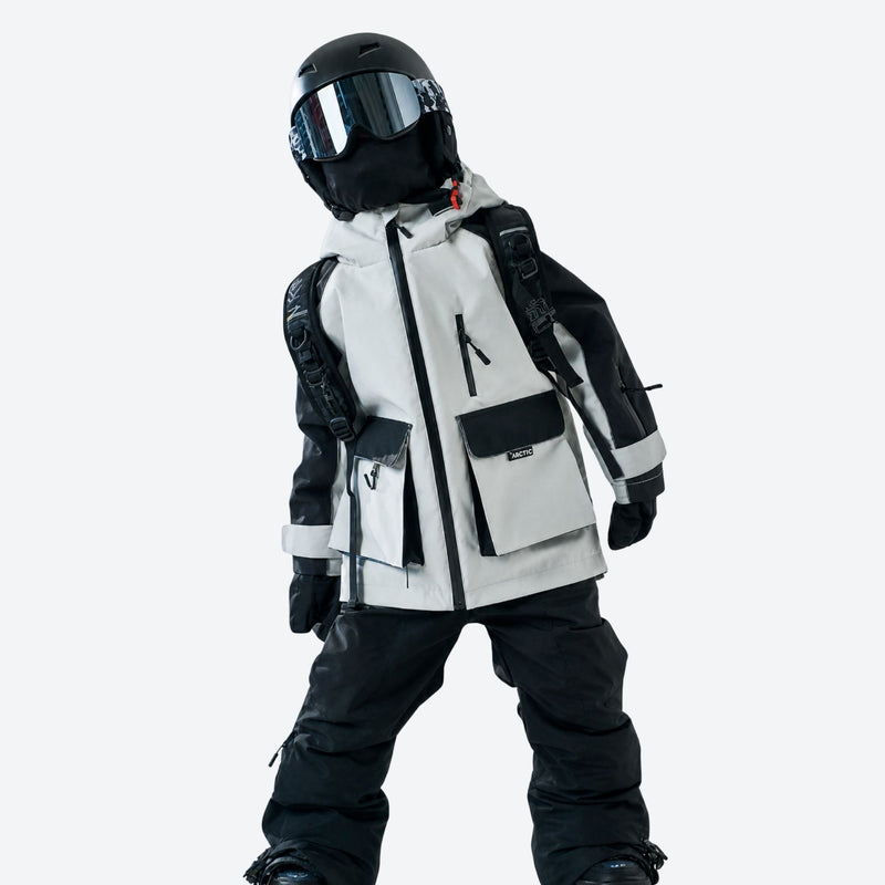 Kids snowboard jacket bibs and pants combo - white black kids set, for snow play and winter commute