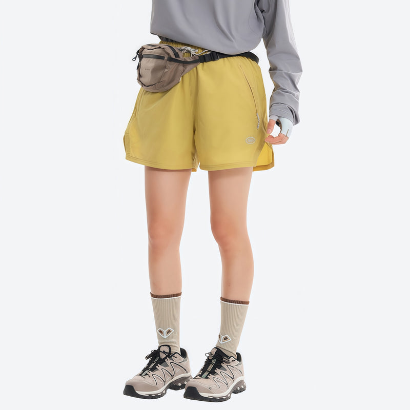 Breathable lightweight trail shorts for running - yellow running shorts with gray top, for hiking and trail walking